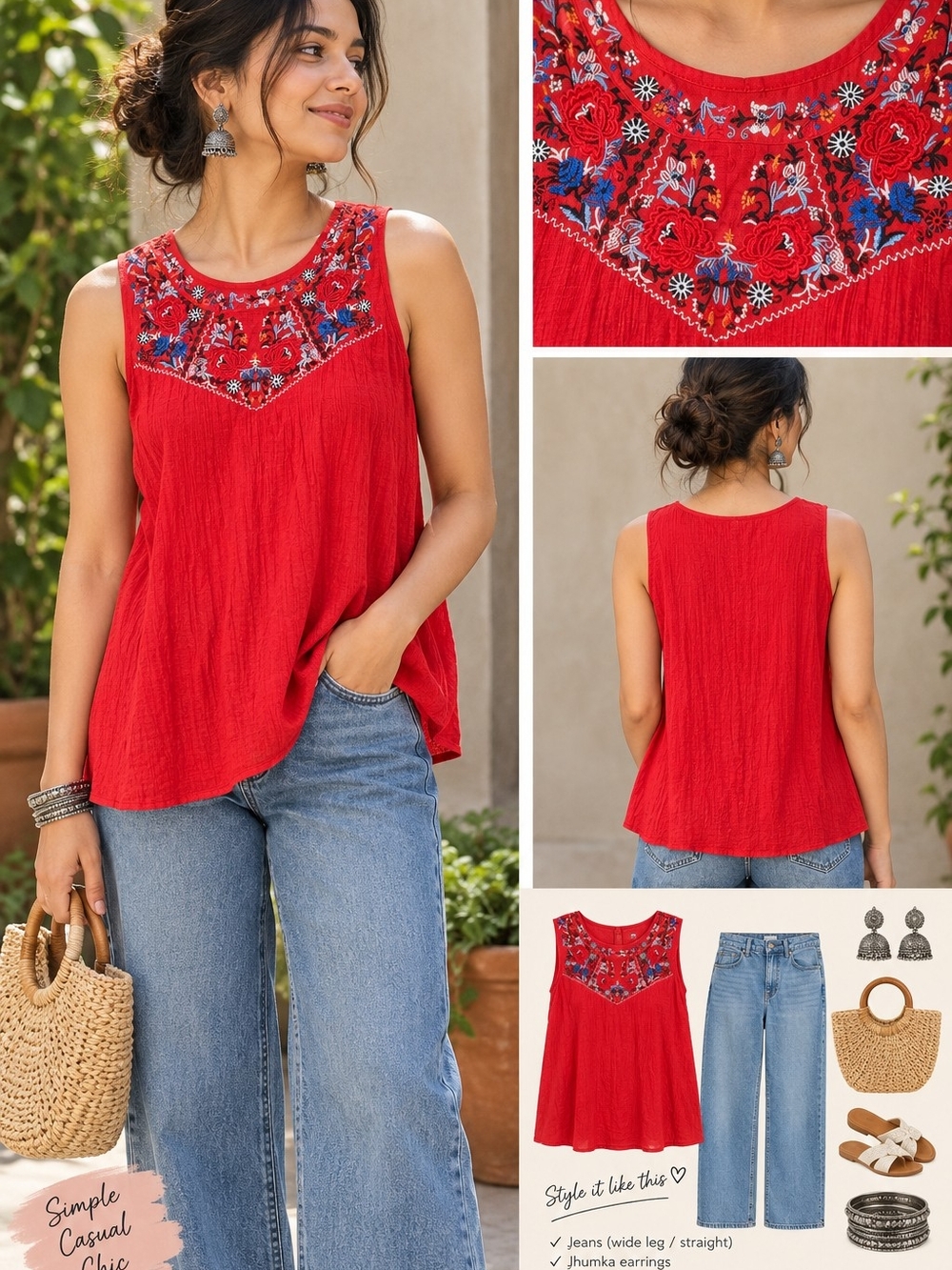 AGB Red Embroidered Sleeveless Boho Top XL